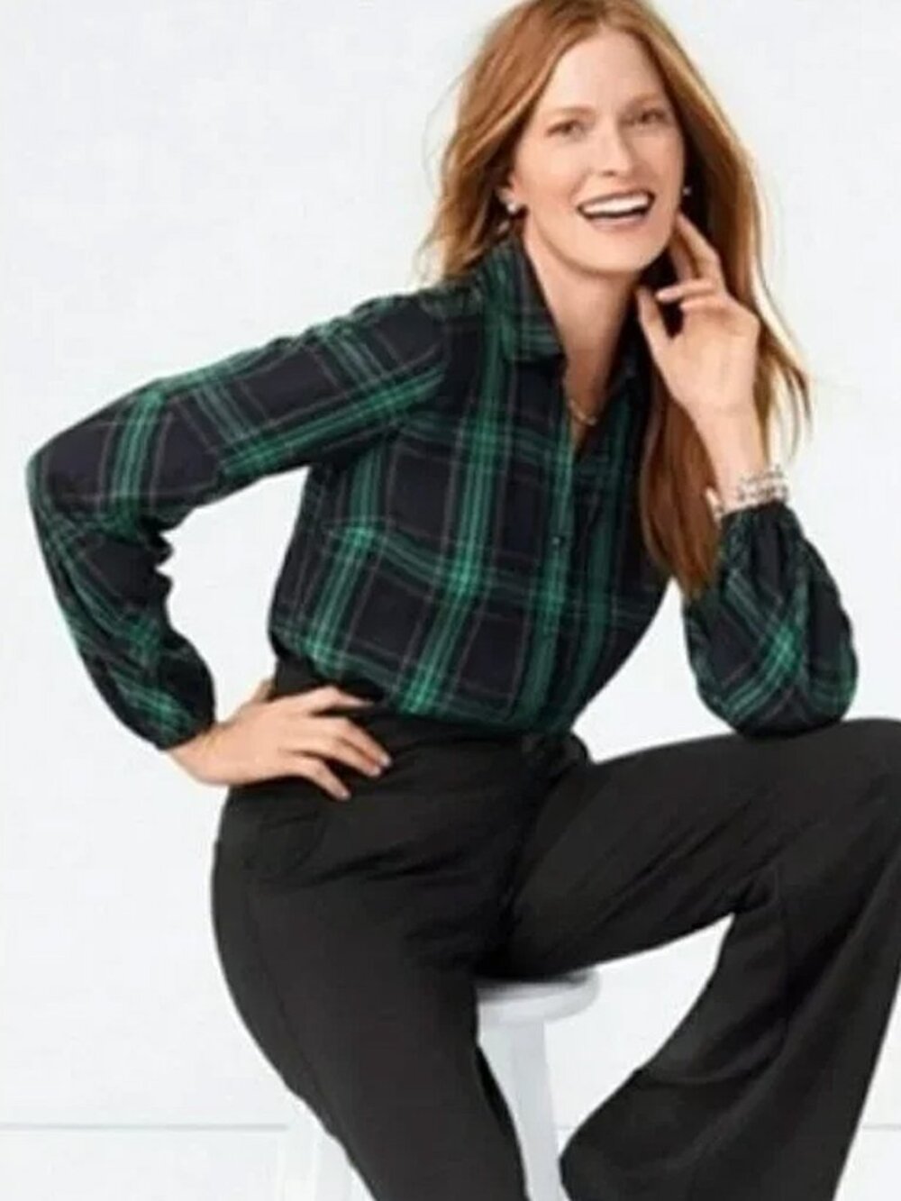 CABI #3769 Big Sur Shirt Blouse Top Size S Green Navy Blue Tartan Plaids Buttons